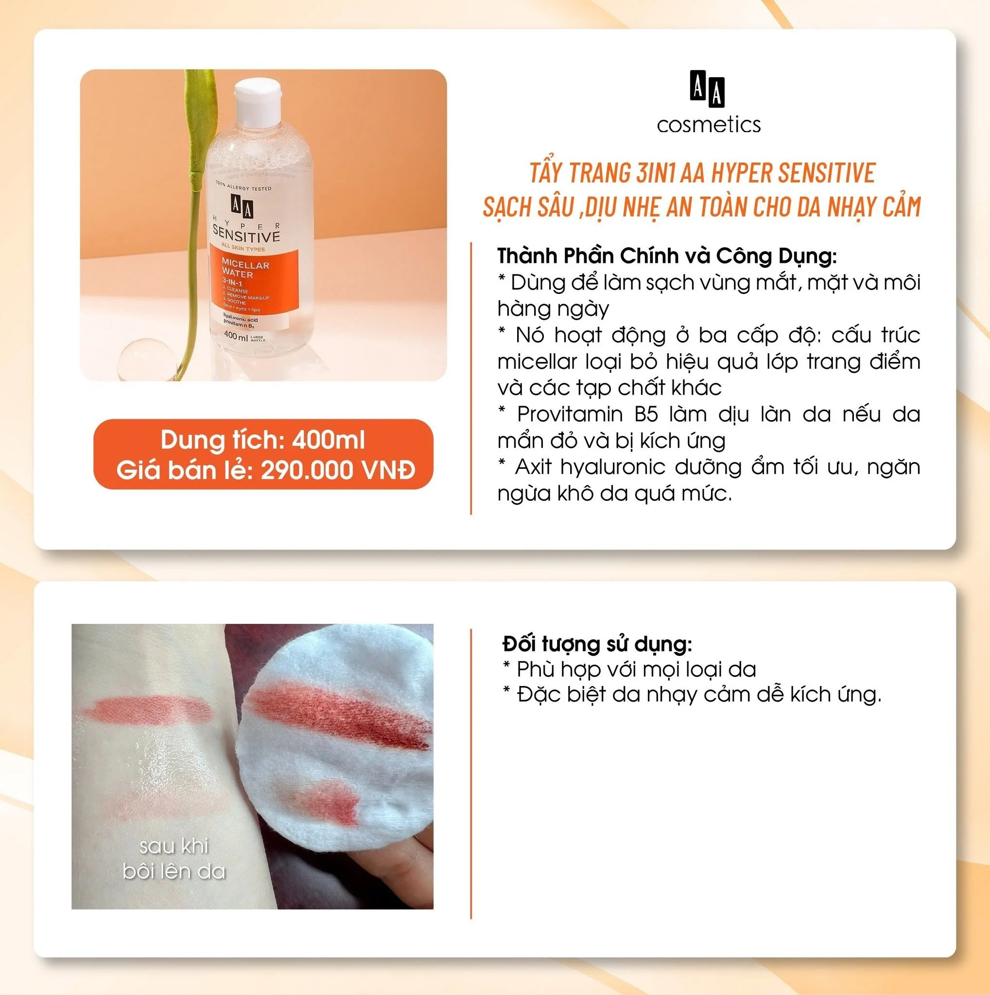 Nước Tẩy Trang 3in1 AA Hyper Sensitive Micellar Water 400ml — Ảnh 2