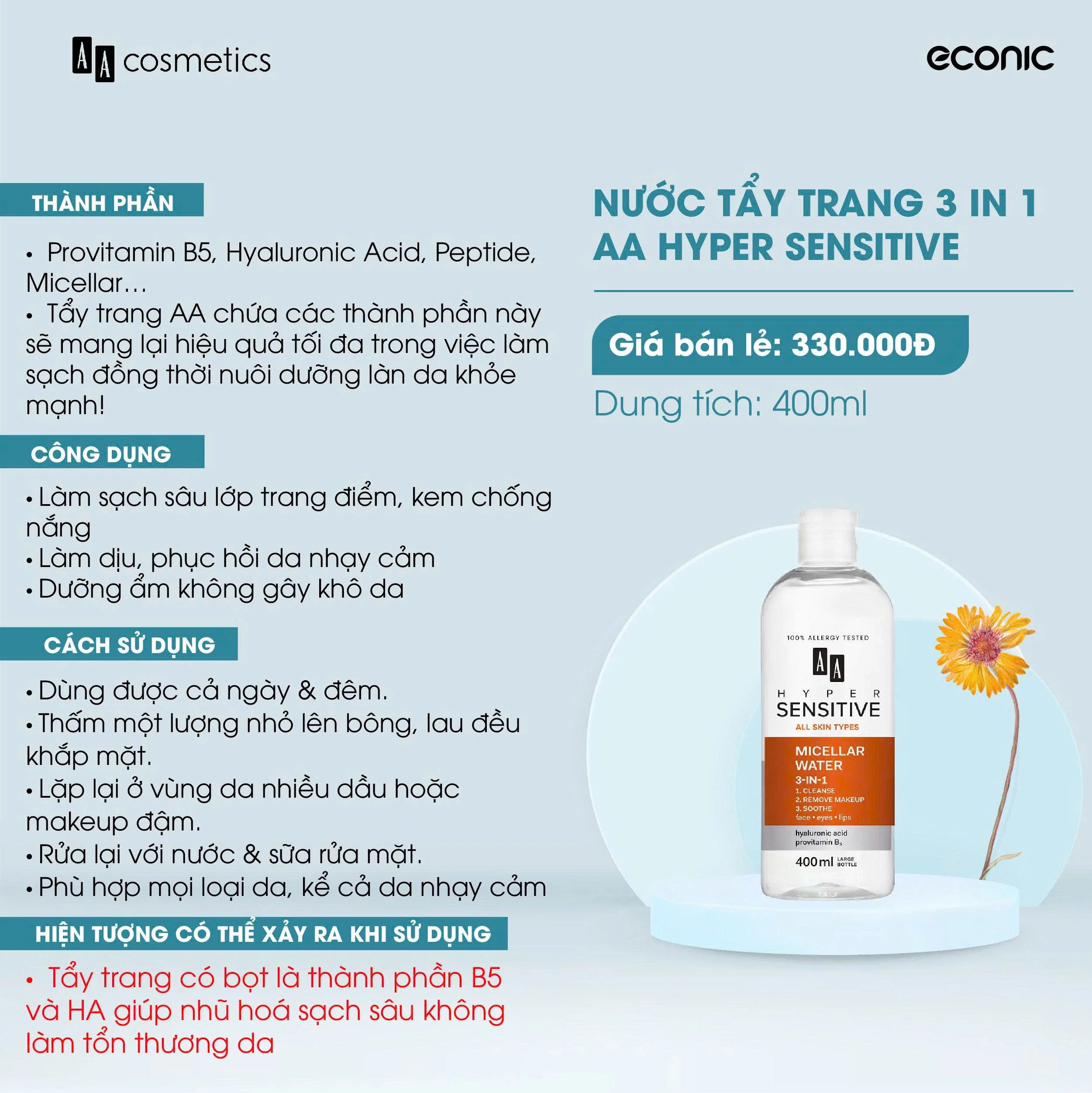Nước Tẩy Trang 3in1 AA Hyper Sensitive Micellar Water 400ml — Ảnh 3