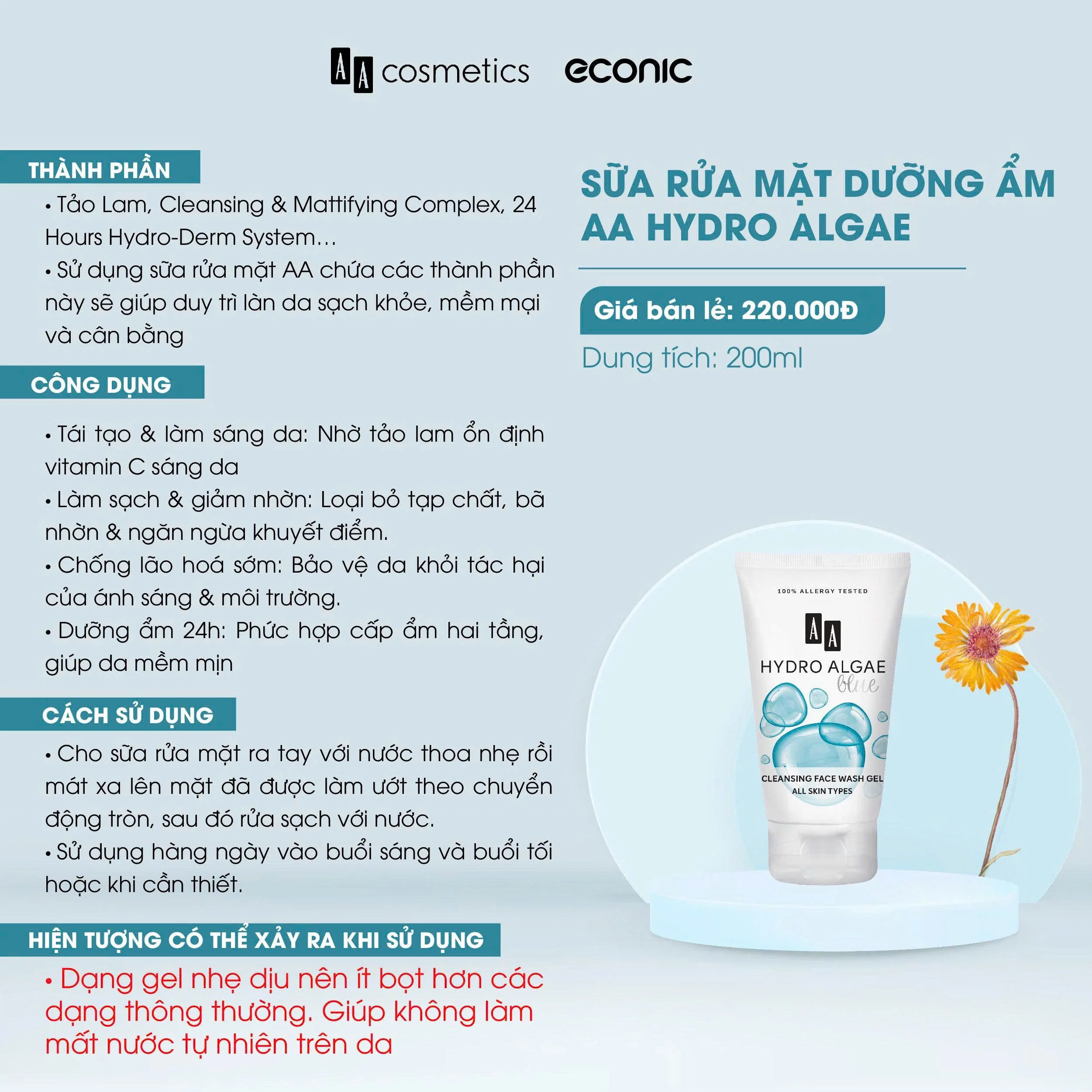 Sữa Rửa Mặt Dưỡng Ẩm AA Hydro Algae Cleansing Face Wash Gel 200ml — Ảnh 4