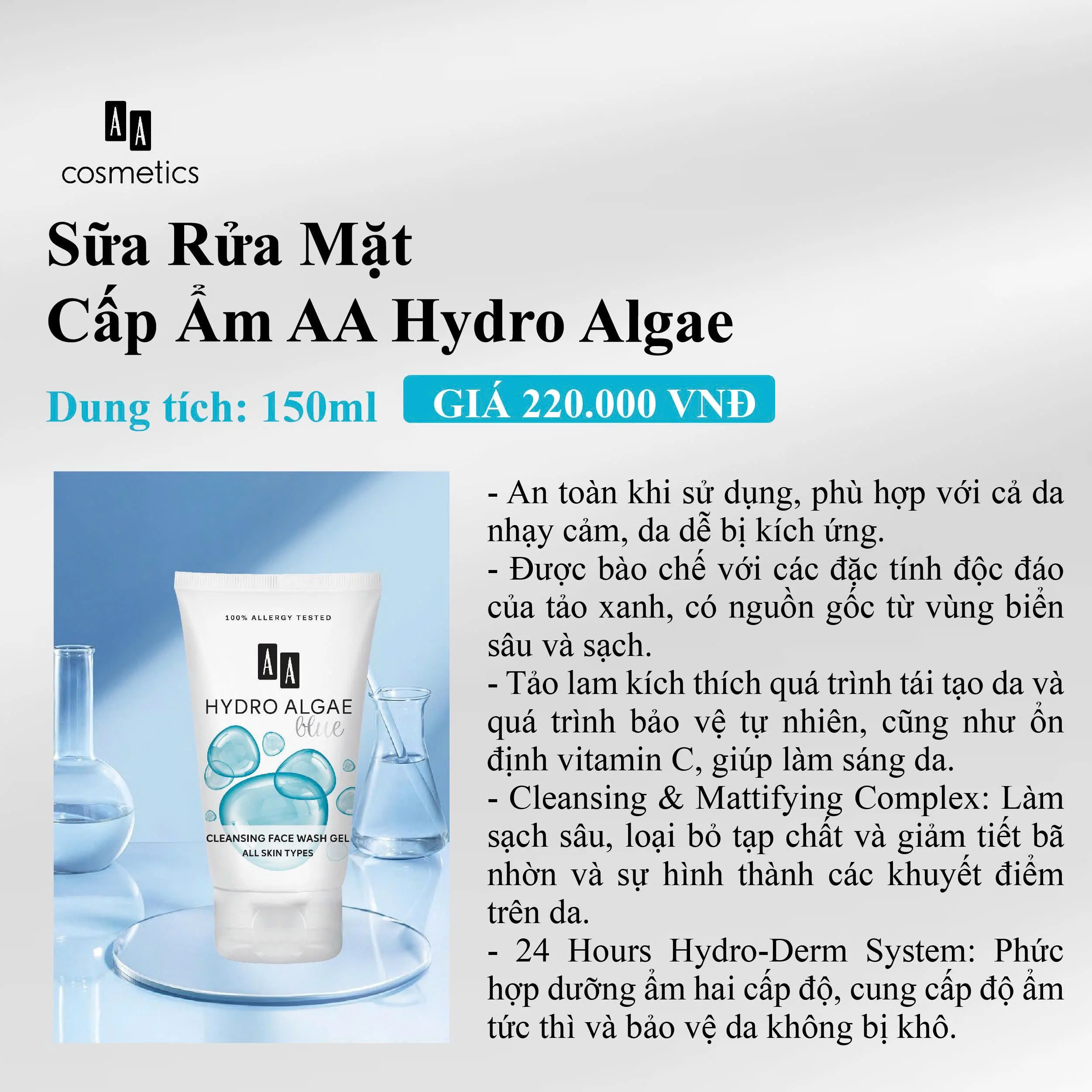 Sữa Rửa Mặt Dưỡng Ẩm AA Hydro Algae Cleansing Face Wash Gel 200ml — Ảnh 5