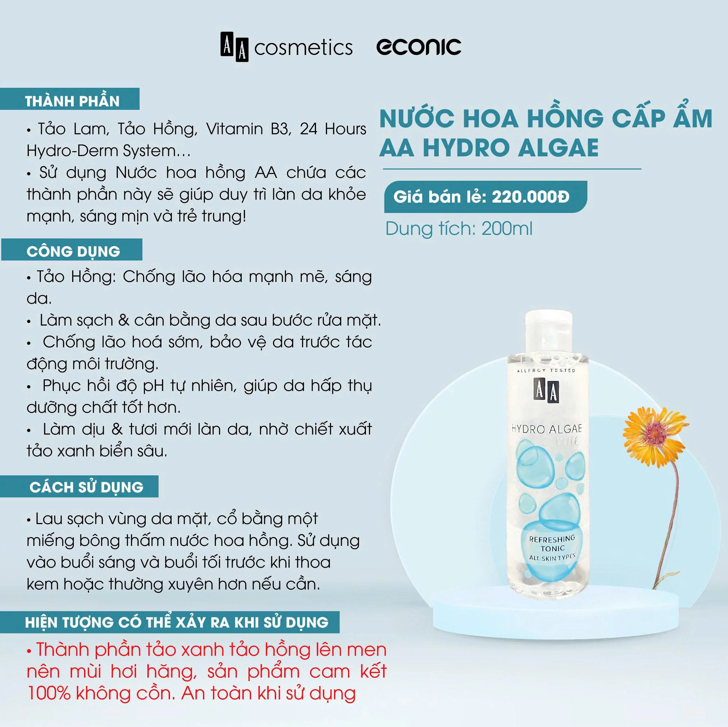 Nước Hoa Hồng Cấp Ẩm AA Hydro Algae Refreshing Tonic 200ml — Ảnh 3